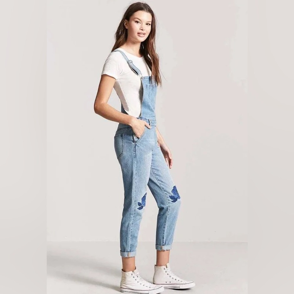 Floral Embroidered Denim Overalls w Ankle Cuffs for Painting or Gardening